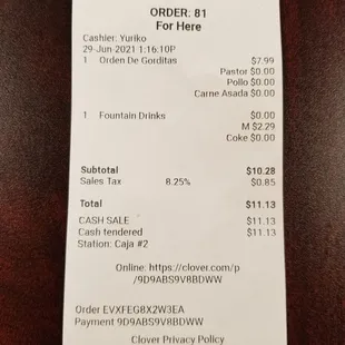 a receipt for the order