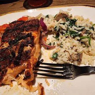 Blackened salmon and creamy mushroom risotto rice! So delicious!