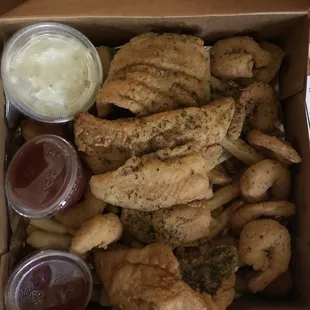 Seafood Platter with fantail shrimp, catfish and flounder