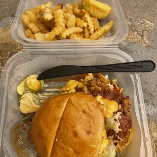 Cleveland hot chicken sandwich.... (Similar to Buffalo sauce) fries and Jalapeno Corn Cake - SMALL