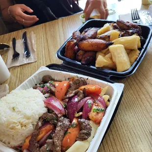 Top : half chicken with two sides (plantains &amp; yucca fries) Bottom : Lomo saltado