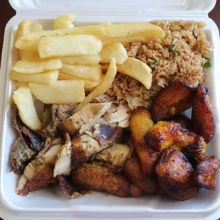 1/4 White Meat (chopped), fries, fried rice and a side of plantains