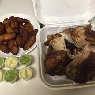 Whole chicken, no sides except for the plantain and the yummy sauces, the verde has a nice kick to it.