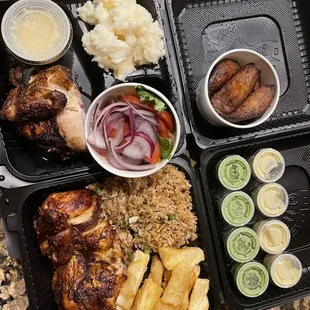 Half chicken dinner with chicken fried rice and yucca fries; Quarter chicken with salad, mashed potatoes, gravy and plantains.