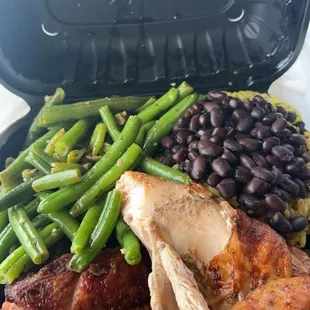 All white extra chicken; cilantro rice with black beans and string beans