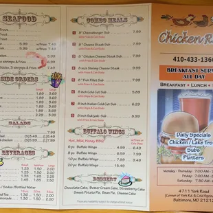 the menu for the chicken run