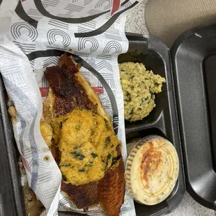 stuffed fish, potato salad, turkey stuffing
