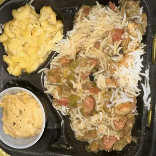 Smothered okra, 5 star mac, potato salad