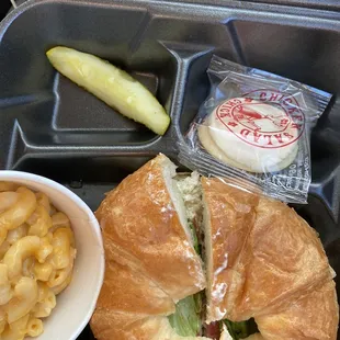classic chicken salad on croissant, mac and cheese, cookie and complementary pickle.