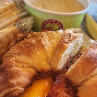 Chicken salad melt with broccoli cheese soup