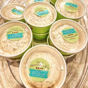 six bowls of chicken salad