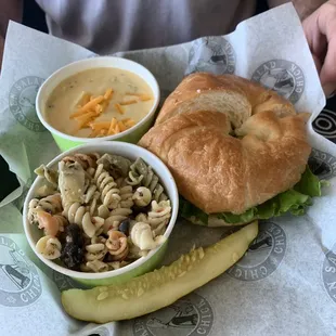 Chicken salad on croissant with pasta salad and broccoli cheddar soup sides