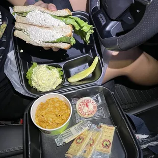 Jalapeño chicken salad sandwich with egg salad and Mac and cheese