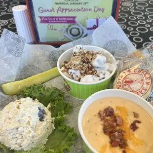 Trio - 1 scoop, grape salad and loaded potato soup