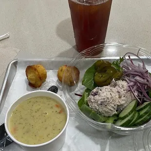 Waldorf chicken salad and creamy zucchini soup