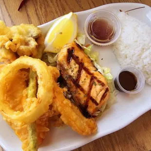 Tempura with teriyaki salmon