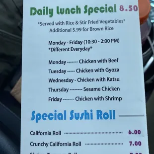 Menu daily lunch specials and sushi price
