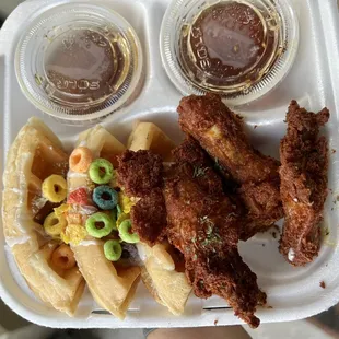 Froot Loops Special - 3 fried wings, + 3/4 waffle topped with light drizzle of what seems to be condensed milk &amp; Froot Loops