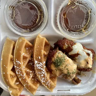 Buffalo Ranch - 3 fried wings, topped with creamy Buffalo sauce and Ranch + 3/4 waffle dusted with powdered sugar