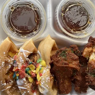 Fruity Pebbles Special - 3 fried wings, + 3/4 waffle topped with light drizzle of what seems to be condensed milk &amp; Fruity Pebbles