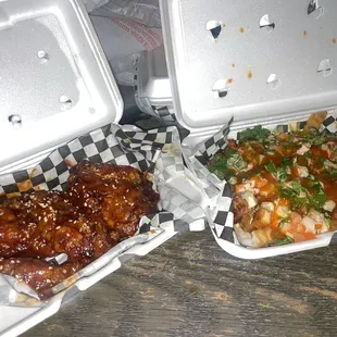 Sweet and spicy chicken wings, pork belly fries