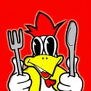 a cartoon chicken holding a fork and knife
