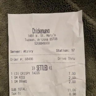 11.96 for 3 tacos, small beans, and small rice. Salsa and limes would be additional charge