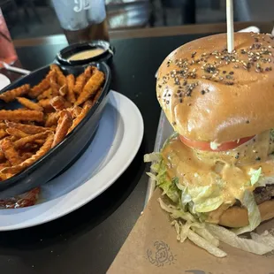 Ultimate tailgater burger and sweet potato fries