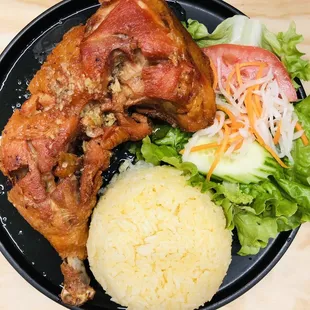 Crispy Fried Golden Chicken on Yellow Rice