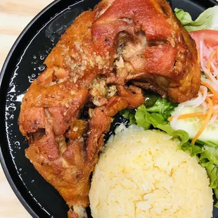 Crispy Fried Golden Chicken on Yellow Rice