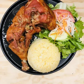 Crispy Fried Golden Chicken on Yellow Rice