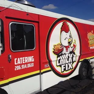 a red and white food truck