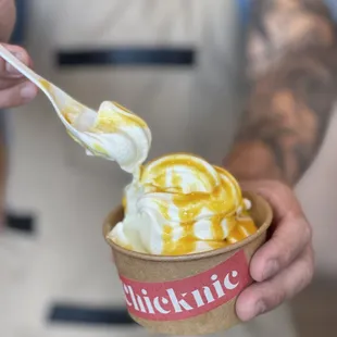 Froze my custard with passion fruit sauce