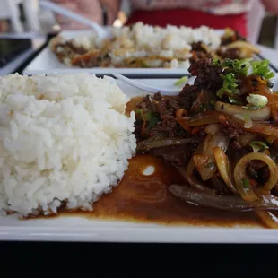 Beef rice bowl, extra spicy and saucy!