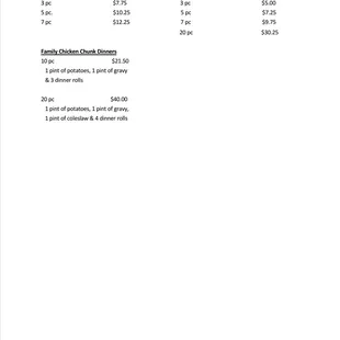 Chicken Chunk Dinners, Options for Chicken Chunks Only, Family Chicken Chunk Dinners
