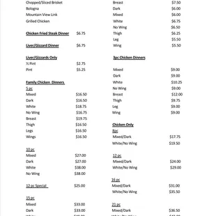 Sandwiches, Chicken Fried Steak Dinner, Liver/Gizzard Dinner, Family Dinners, 2 pc Snacks, 3 pc Dinners, Options for Chicken Only