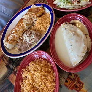 Big steak burrito, steak and mushroom quesadilla, side of rice!!!