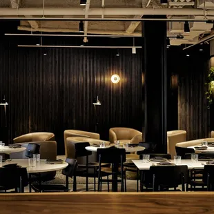 a dining area with tables and chairs