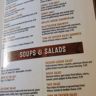 SandWhich portion of the menu and the soup and salad options