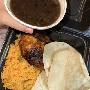 Rotisserie chicken, rice, black beans, tortillas