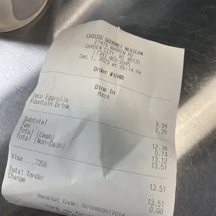 Receipt with card/ "non-cash" fee