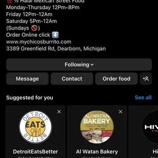 IG page, hours and address