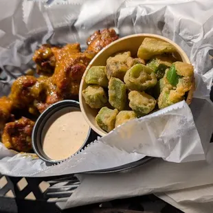 Wings and fried Okra