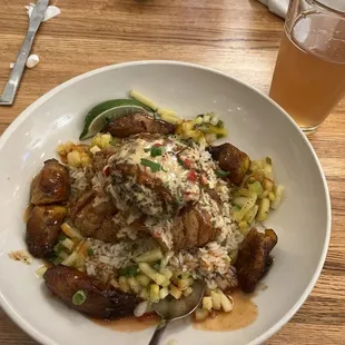 Firefish special ( Grouper,Crabcake, fried plantain, rice, mango salsa)