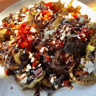 Flash fried brussels sprout dish