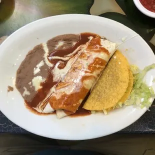 Ground Beef Burrito, Taco and Beans. "Tres"