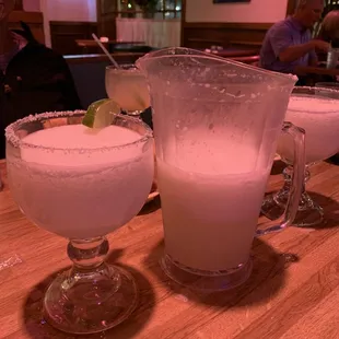 Pitcher of frozen margaritas and a little bit of the festive lights.