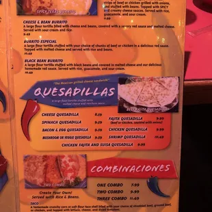 Burritos, quesadilla, and combinations.