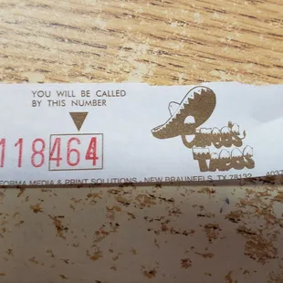 Ticket to pick up order