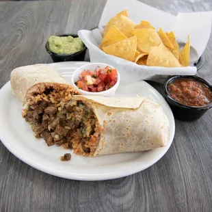 Regular Steak Burrito with Chips and Salsa 
*Pico and Guac are additional